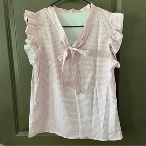 SHEIN Light Pink and White Polka Dot Ruffle Sleeve Blouse Size Medium